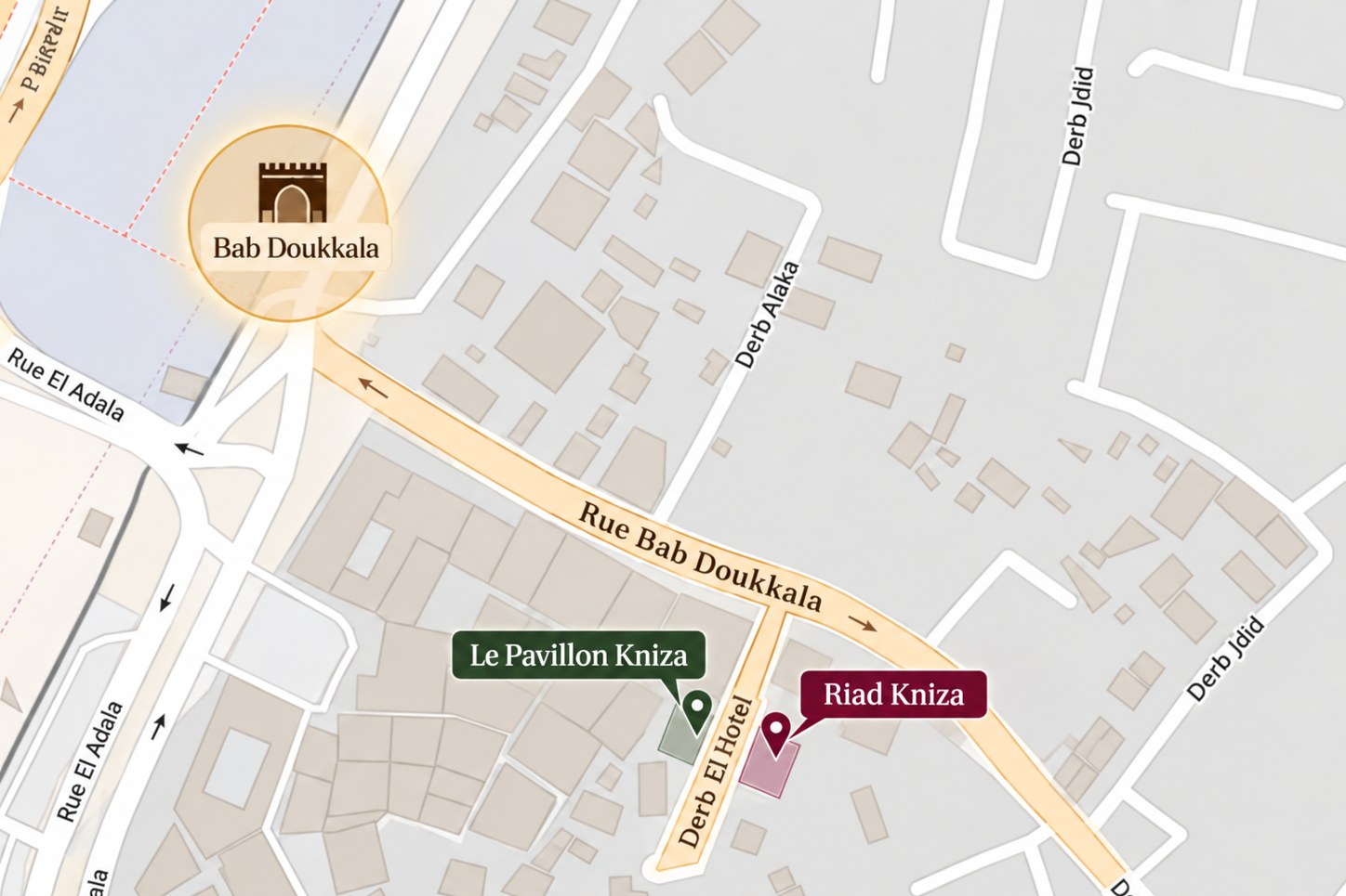 Map of Derb El Hotel off Rue Bab Doukkala: Le Pavillon Kniza and Riad Kniza marked facing each other across the lane, with Bab Doukkala gate to the north-west