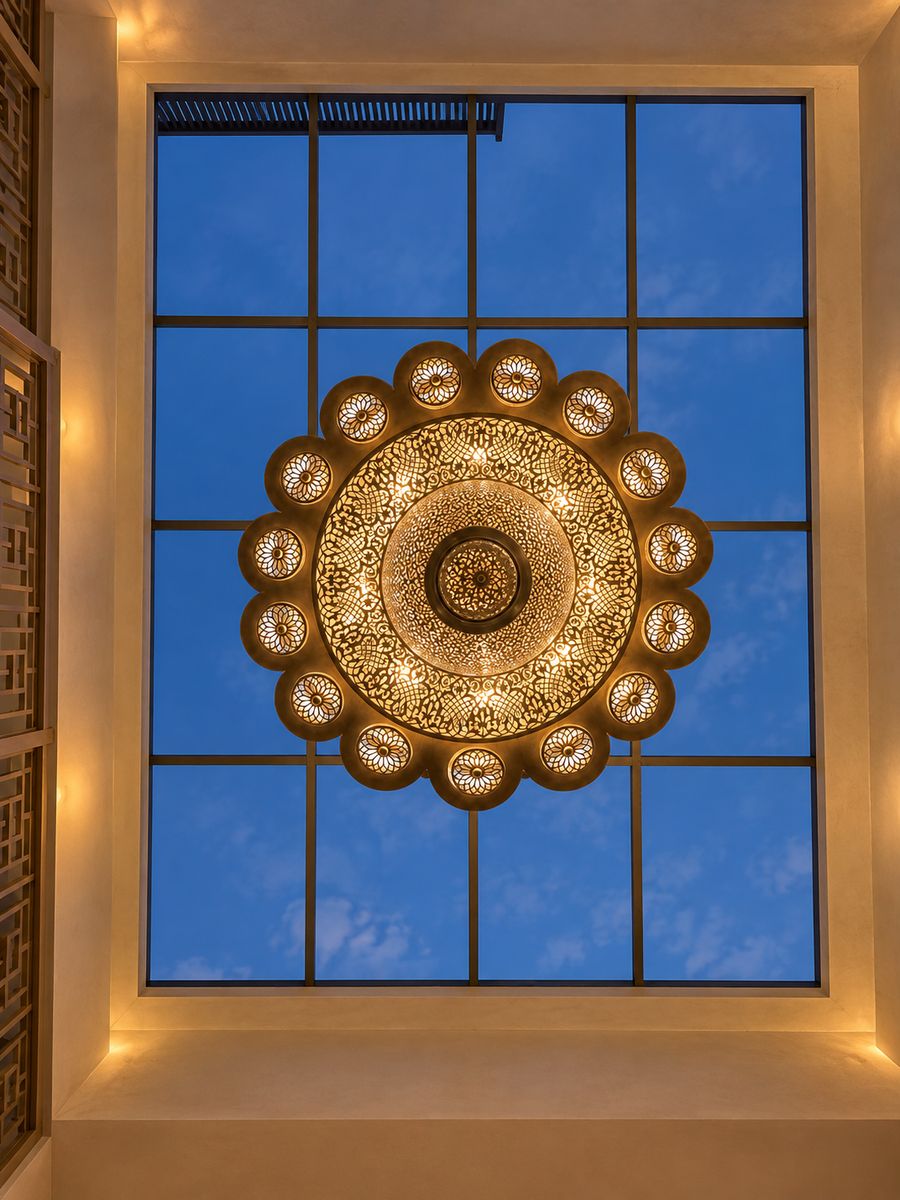 The glass roof of the patio seen from below, the brass chandelier hanging beneath it against the sky