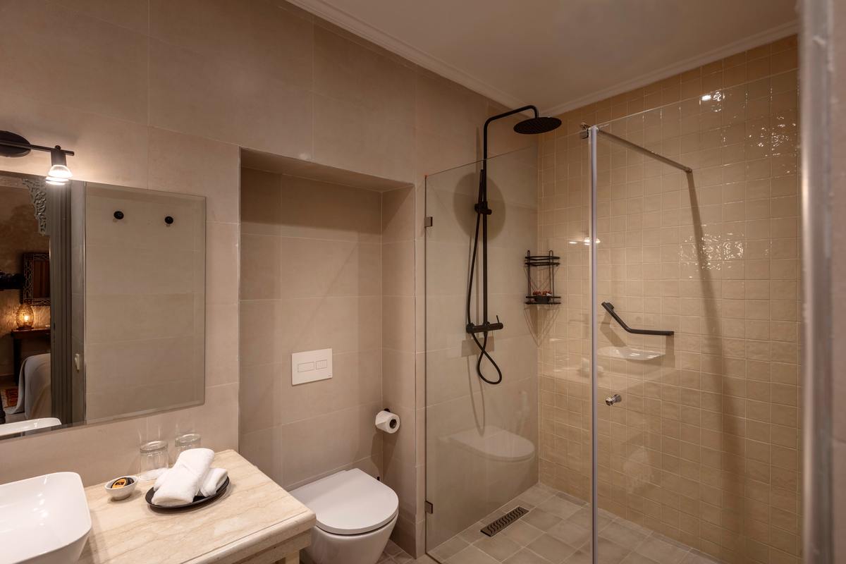 The Patio Room's bathroom, with a walk-in rain shower and black fittings