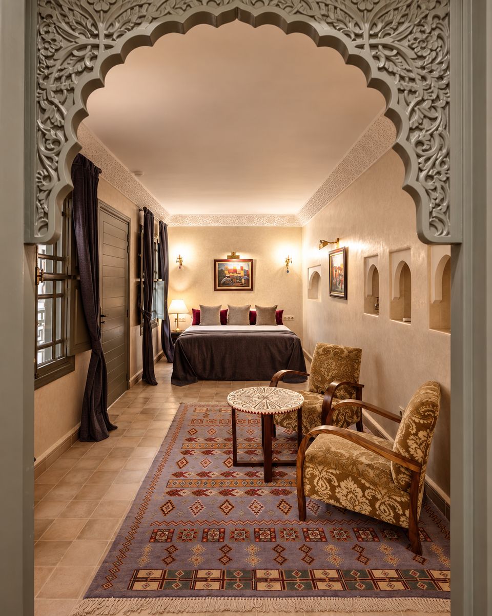 The carved plaster archway dividing the Suite's sitting room from the bedroom