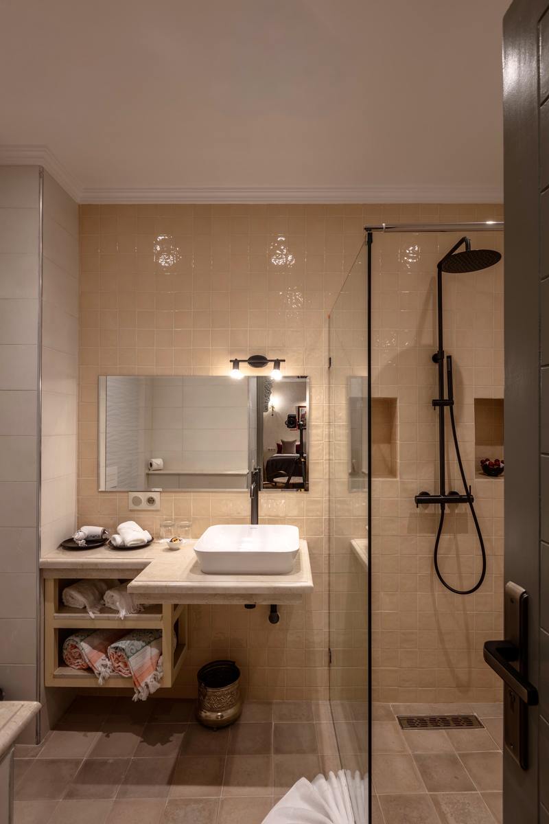 The Suite's bathroom, with a walk-in rain shower behind glass and a stone basin